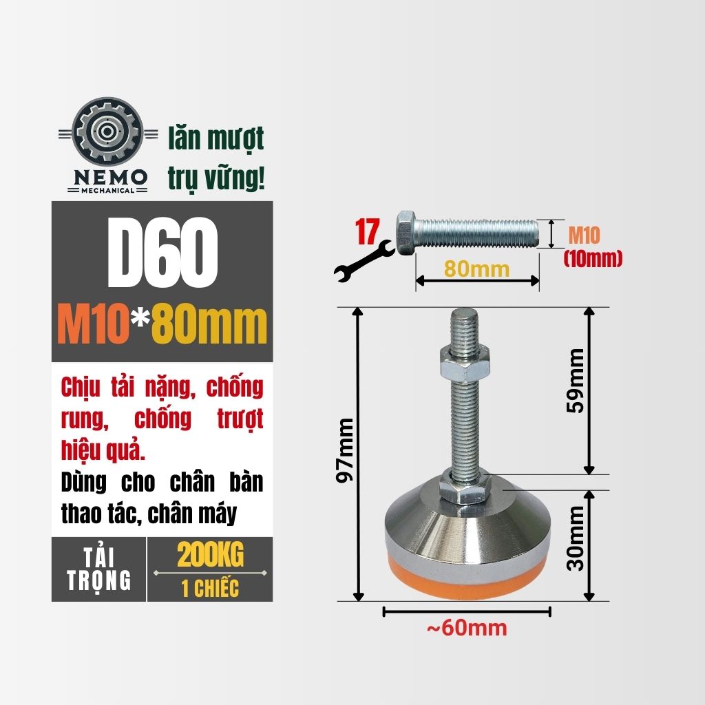 Chân Tăng Chỉnh Chịu Tải Nặng – Bát Thép Mạ Crom, Chịu Lực 1.5 Tấn (M10, M12)
